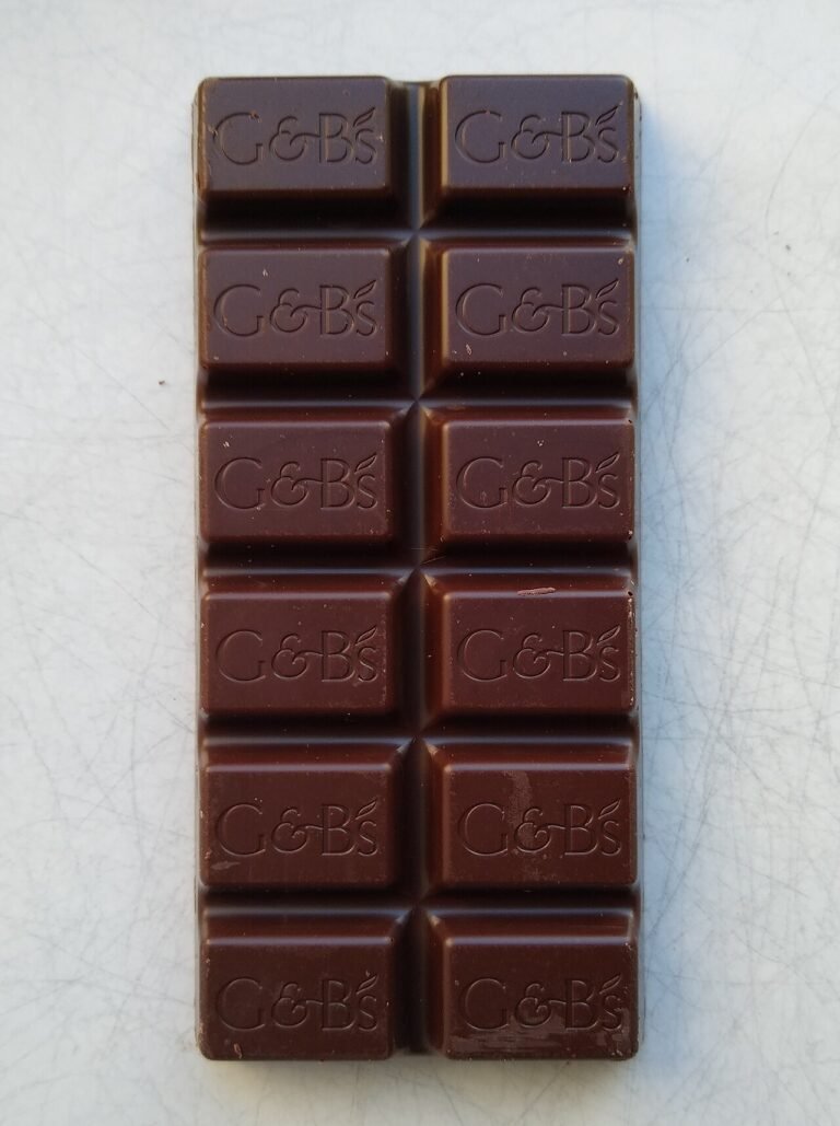 Dark chocolate bar unwrapped on a plain background