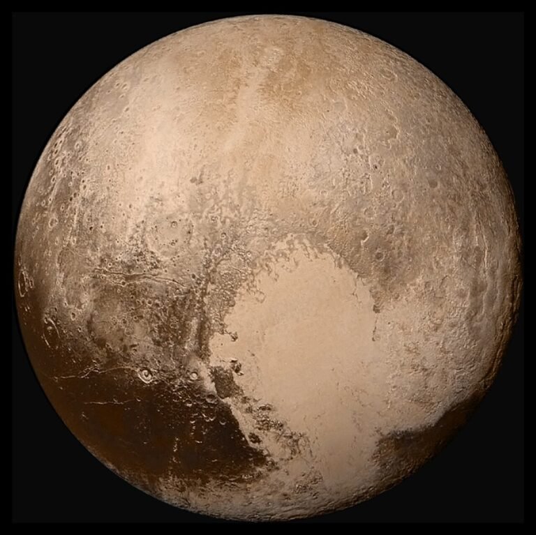 Global mosaic of Pluto showing its heart-shaped Sputnik Planitia glacier