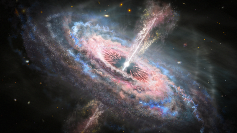 Artist illustration of a bright quasar blowing powerful winds into its galaxy